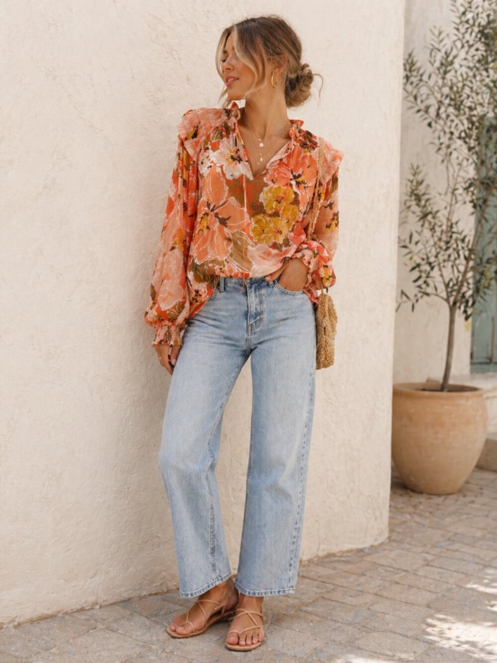 MINKPINK Dex Floral Blouse XS Coral Sheer Boho Long Sleeve Feminine - Picture 14 of 14